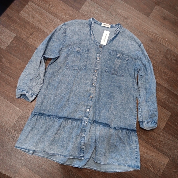 Denim Button Front Ruffle Mini Dress/Tunic - Plus Size 2XL - Picture 3 of 6